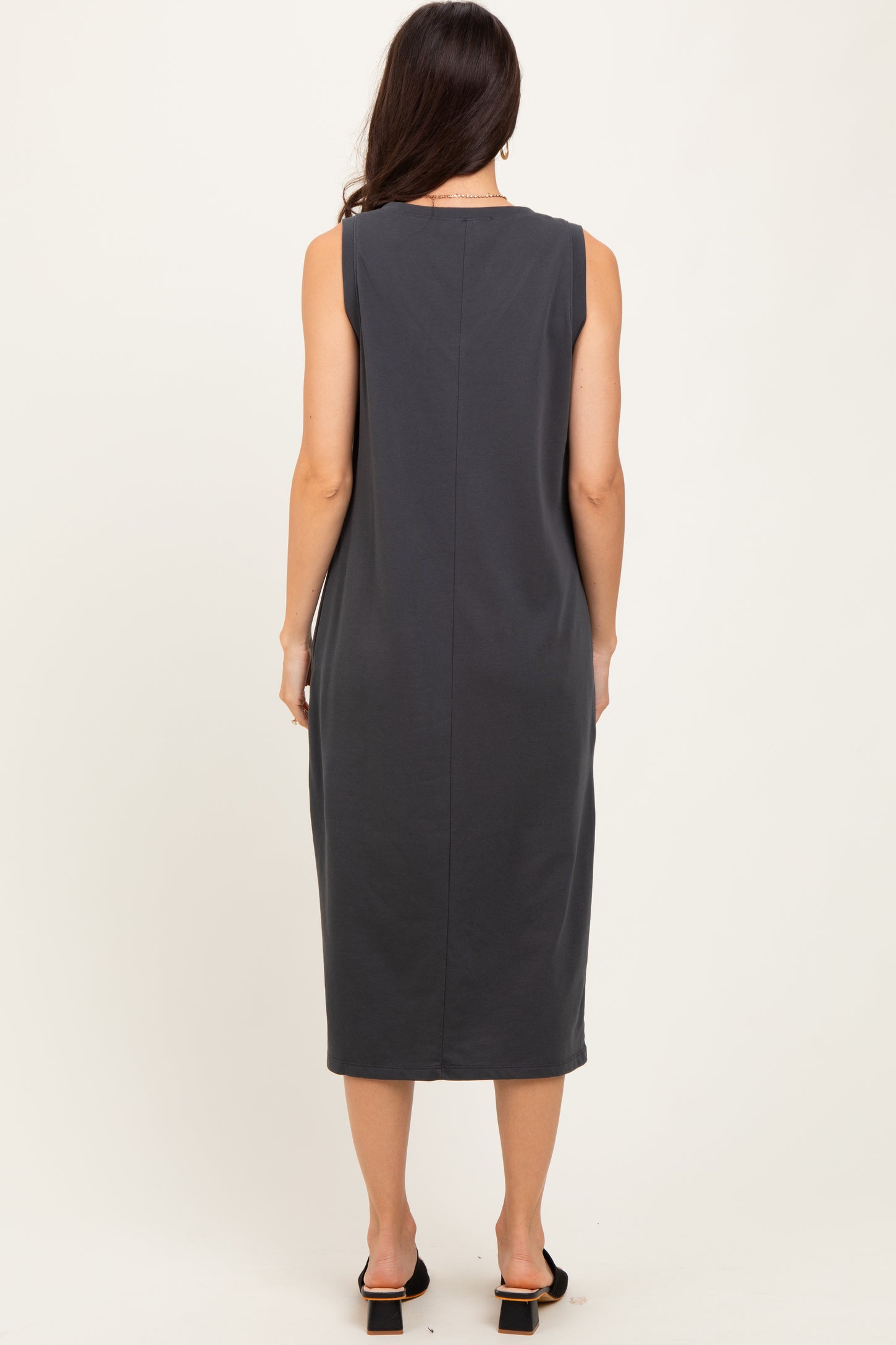 Charcoal V-Neck Sleeveless Side Slit Midi Dress