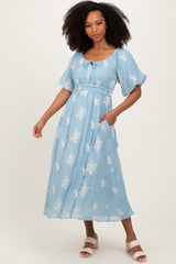 Light Blue Floral Embroidered Puff Sleeve Maternity Midi Dress