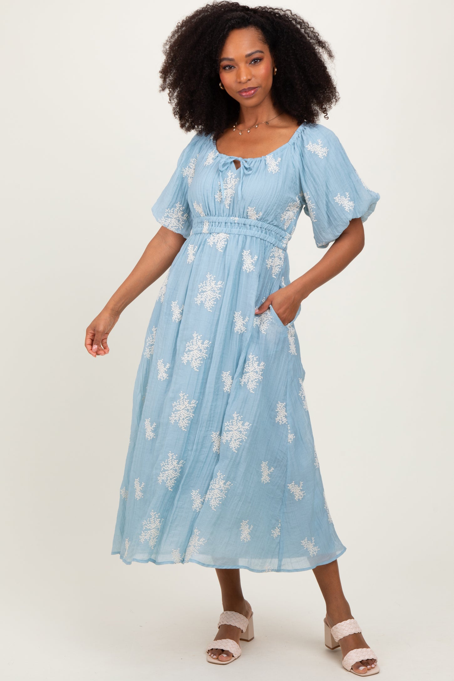 Light Blue Floral Embroidered Puff Sleeve Midi Dress
