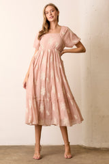 Salmon Floral Print Ruffle Hem Maternity Midi Dress