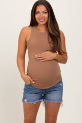 Blue Fringe Hem Side Slit Maternity Denim Shorts