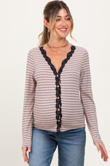 Mocha Striped Ribbed Long Sleeve Lace Detail Button Down Maternity Cardigan