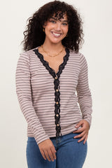 Mocha Striped Ribbed Long Sleeve Lace Detail Button Down Cardigan