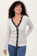 Ivory Striped Ribbed Long Sleeve Lace Detail Button Down Maternity Cardigan