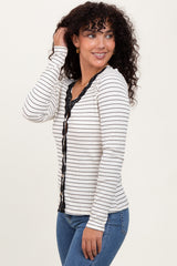 Ivory Striped Ribbed Long Sleeve Lace Detail Button Down Cardigan