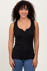 Black Solid Ribbed V-Neck Tank Top