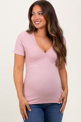Light Pink Solid Ribbed Short Sleeve V-Neck Basic Maternity Top