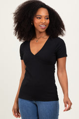 Black Solid Ribbed Short Sleeve V-Neck Basic Maternity Top