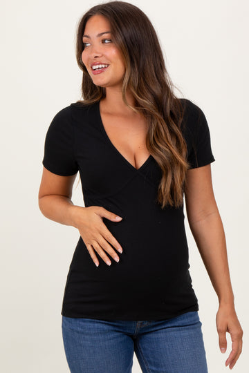 Black Solid Ribbed Short Sleeve V-Neck Basic Maternity Top
