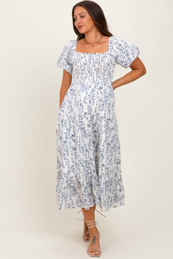 Cream Navy Leaf Printed Smocked Maternity Midi Dress