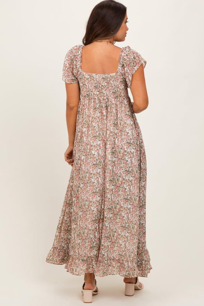 Cream Multi Flutter-Sleeved Smocked Floral Maternity Maxi Dress
