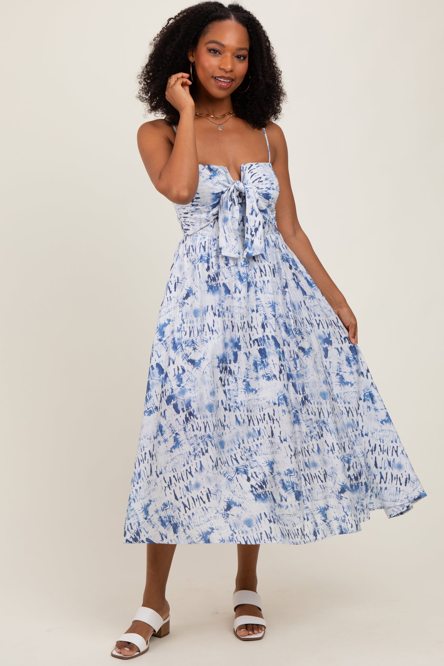 Blue Adjustable Strap Tie Front Midi Dress