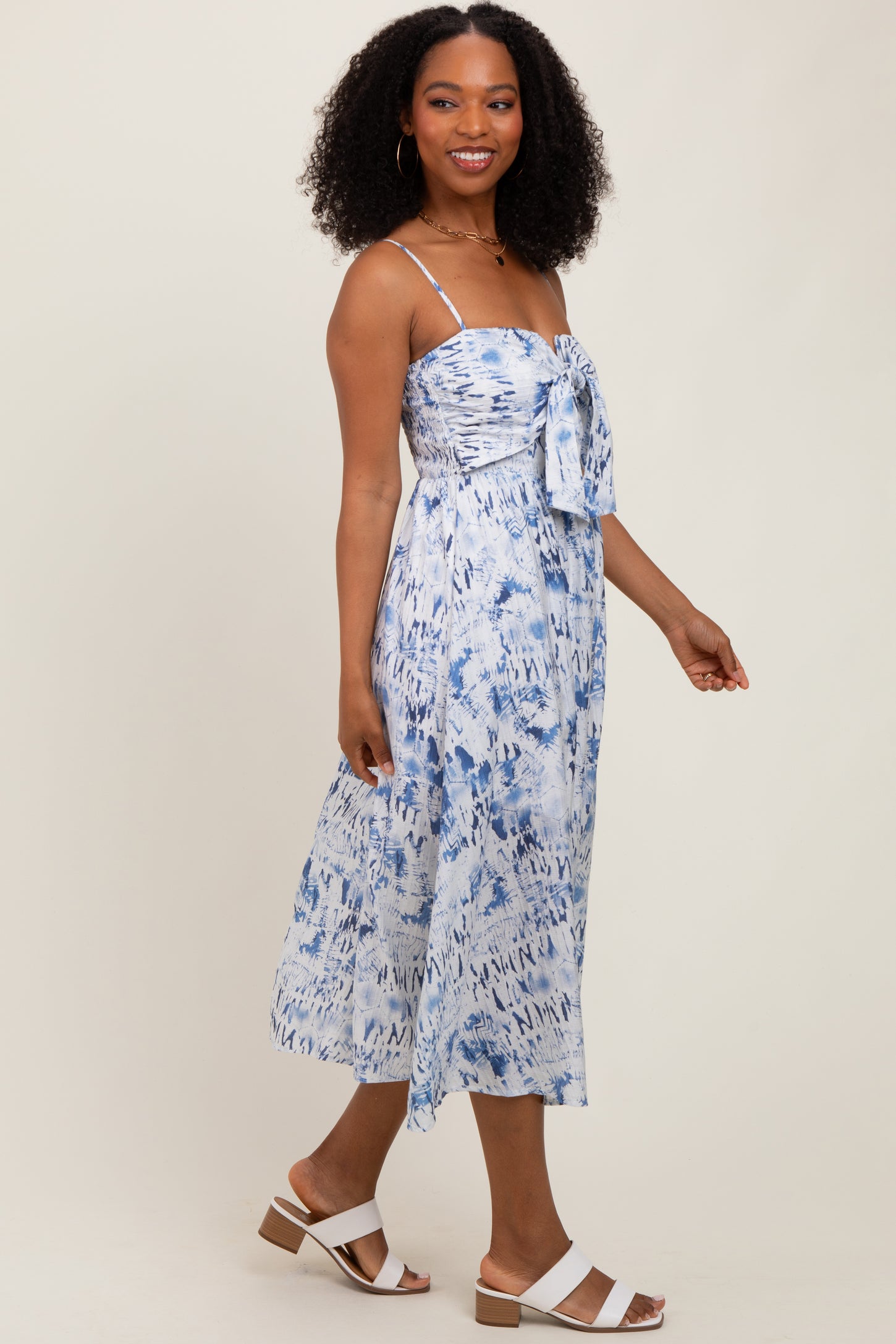 Blue Adjustable Strap Tie Front Midi Dress