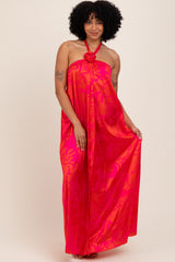 Fuchsia Multi Halter Flower Neck Accent Maxi Dress