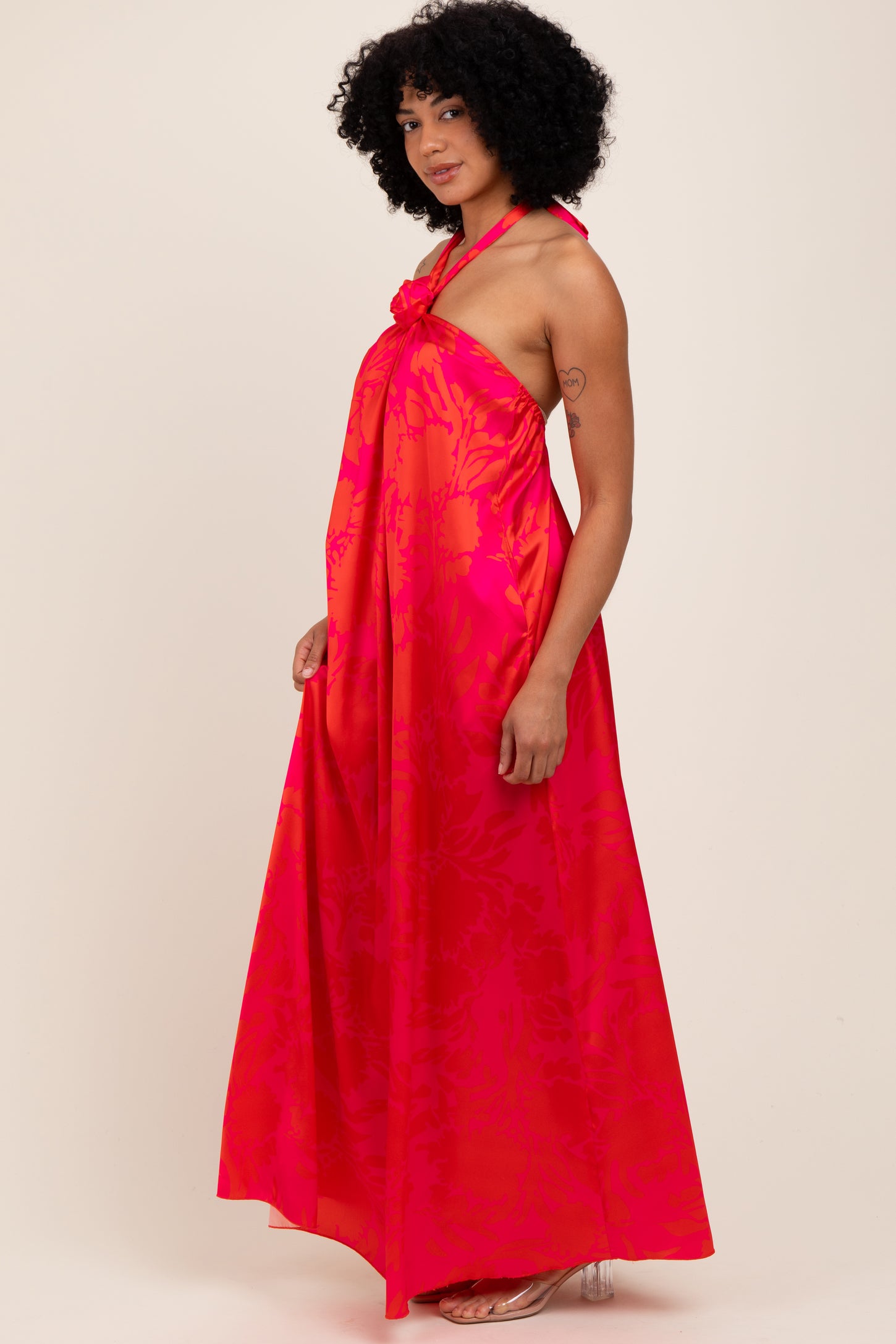 Fuchsia Multi Halter Flower Neck Accent Maxi Dress