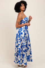 Blue Strapless Back Tie Maxi Dress