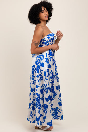 Blue Strapless Back Tie Maxi Dress