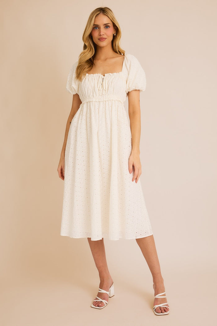 White Eyelet Lace Puff Sleeve Maternity Midi Dress