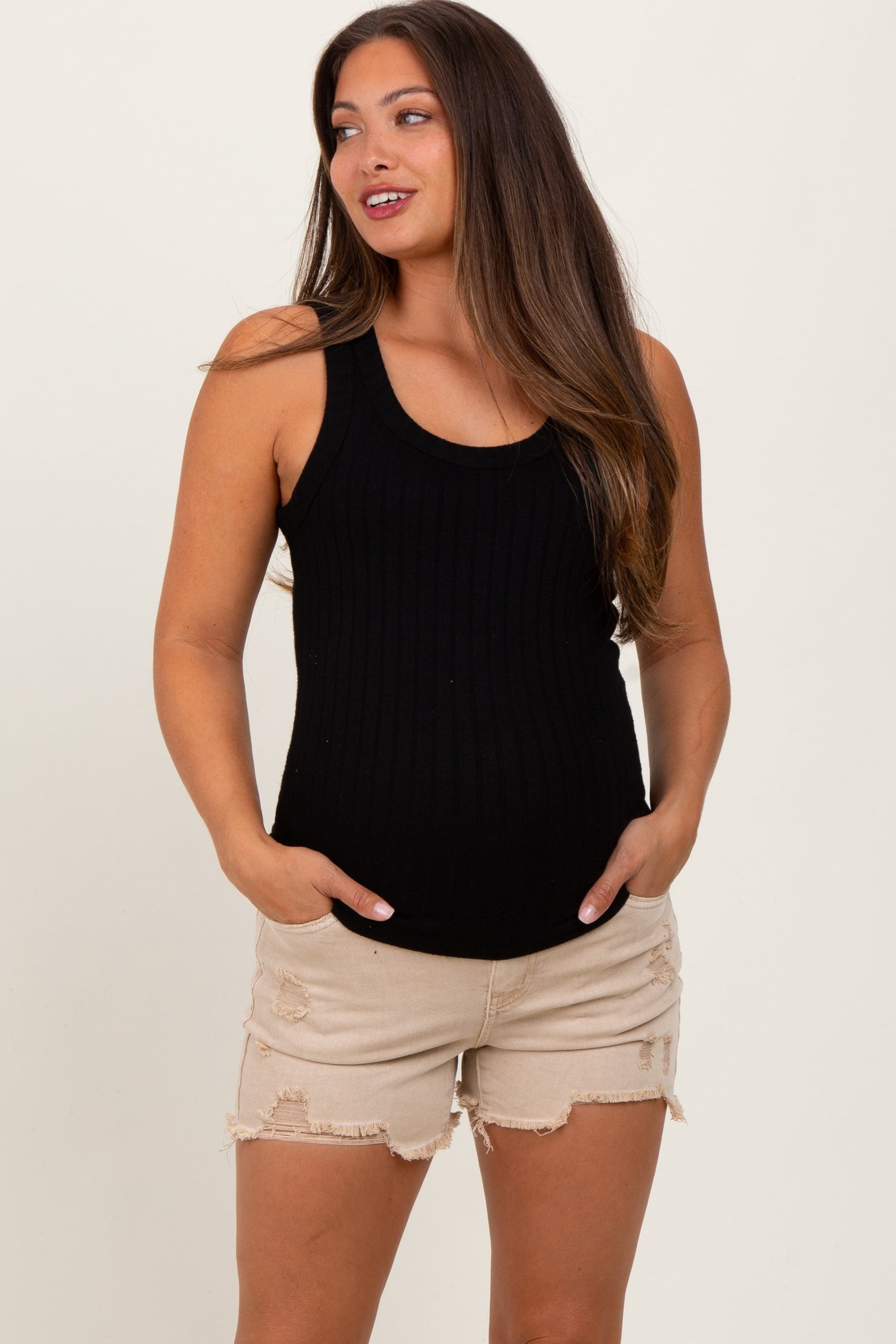 Beige Distressed Fringe Hem Maternity Jean Shorts