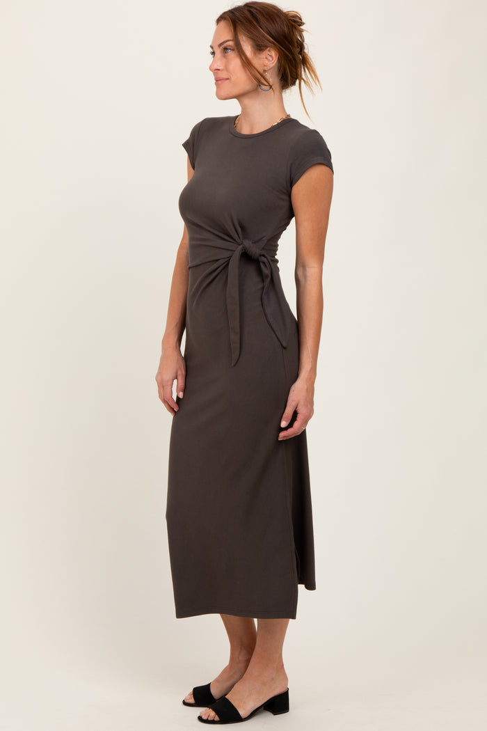 Brown Side Knot Tie Short Sleeve Midi Dress