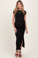 Black Side Knot Tie Short Sleeve Maternity Midi Dress