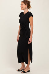 Black Side Knot Tie Short Sleeve Midi Dress