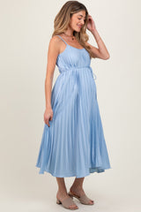 Light Blue Pleated Sash Tie Maternity Midi Dress