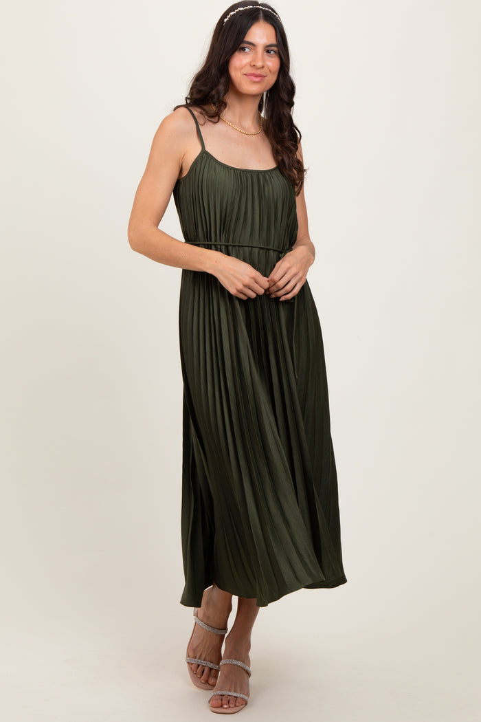 Olive Pleated Sash Tie Maternity Midi Dress