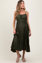Olive Pleated Sash Tie Maternity Midi Dress