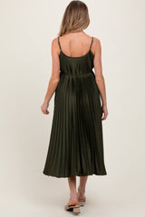 Olive Pleated Sash Tie Maternity Midi Dress