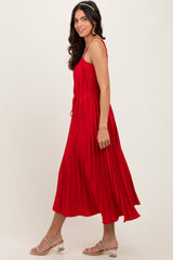 Red Pleated Sash Tie Midi Dress
