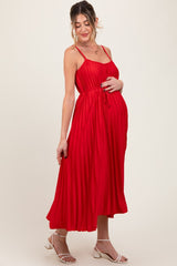 Red Pleated Sash Tie Maternity Midi Dress