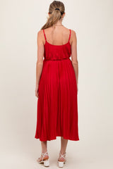 Red Pleated Sash Tie Maternity Midi Dress