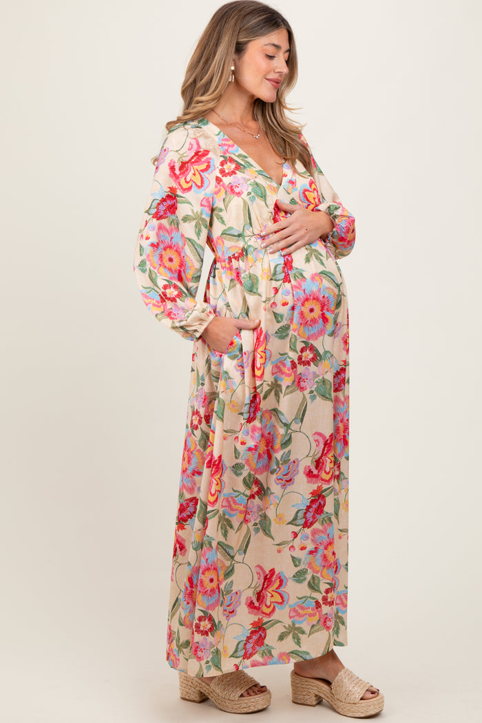 Beige Floral V-Neck Long Sleeve Maternity Maxi Dress