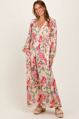 Beige Floral V-Neck Long Sleeve Maxi Dress