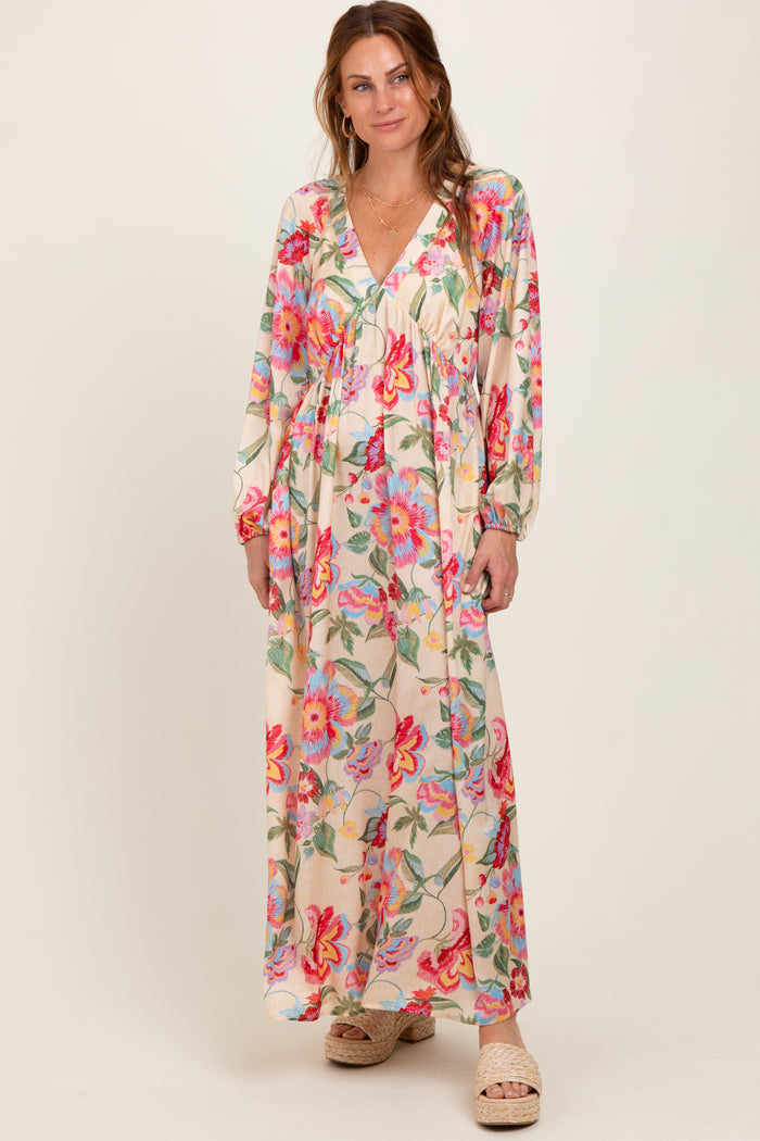 Beige Floral V-Neck Long Sleeve Maxi Dress