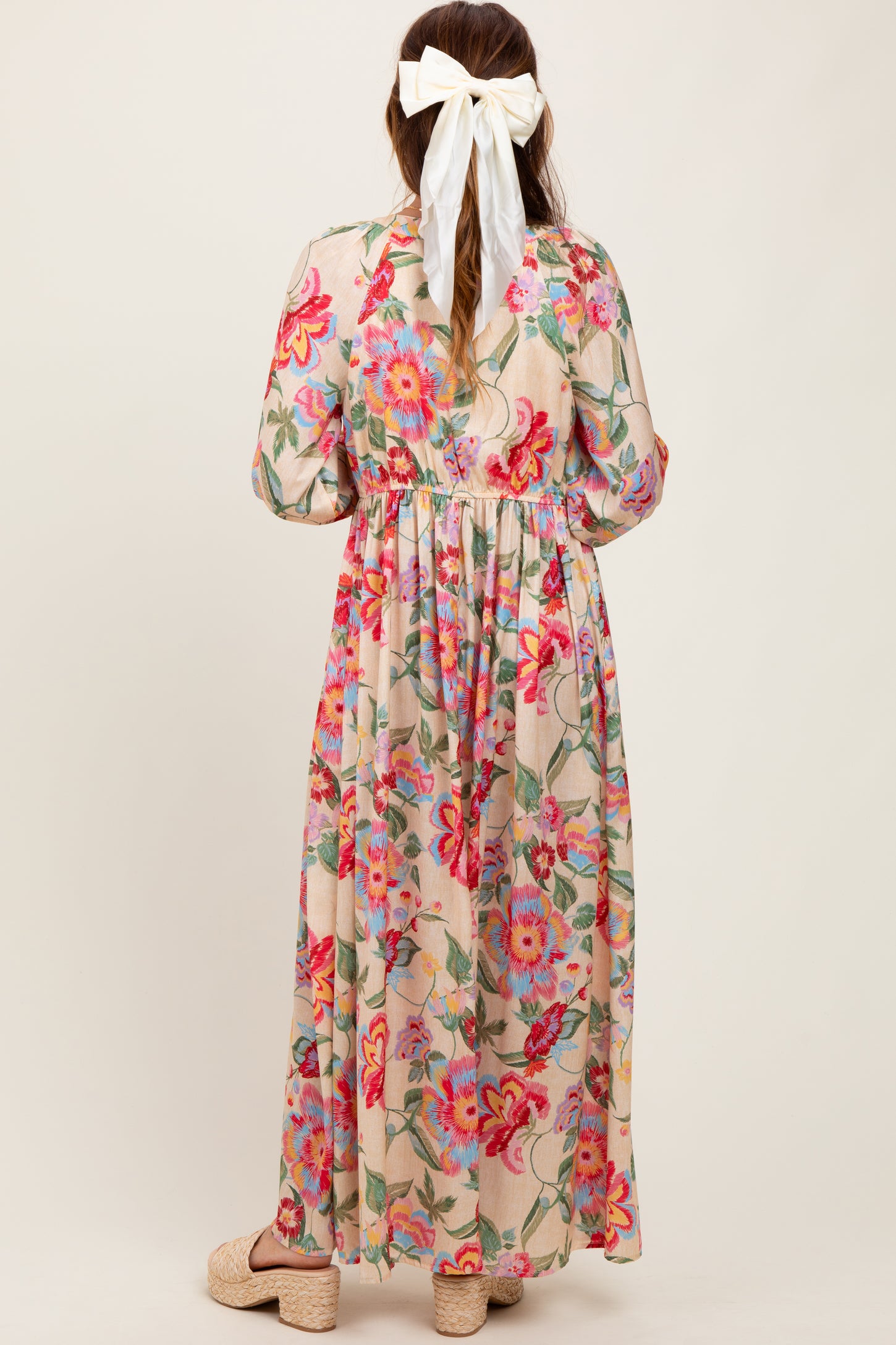 Beige Floral V-Neck Long Sleeve Maxi Dress