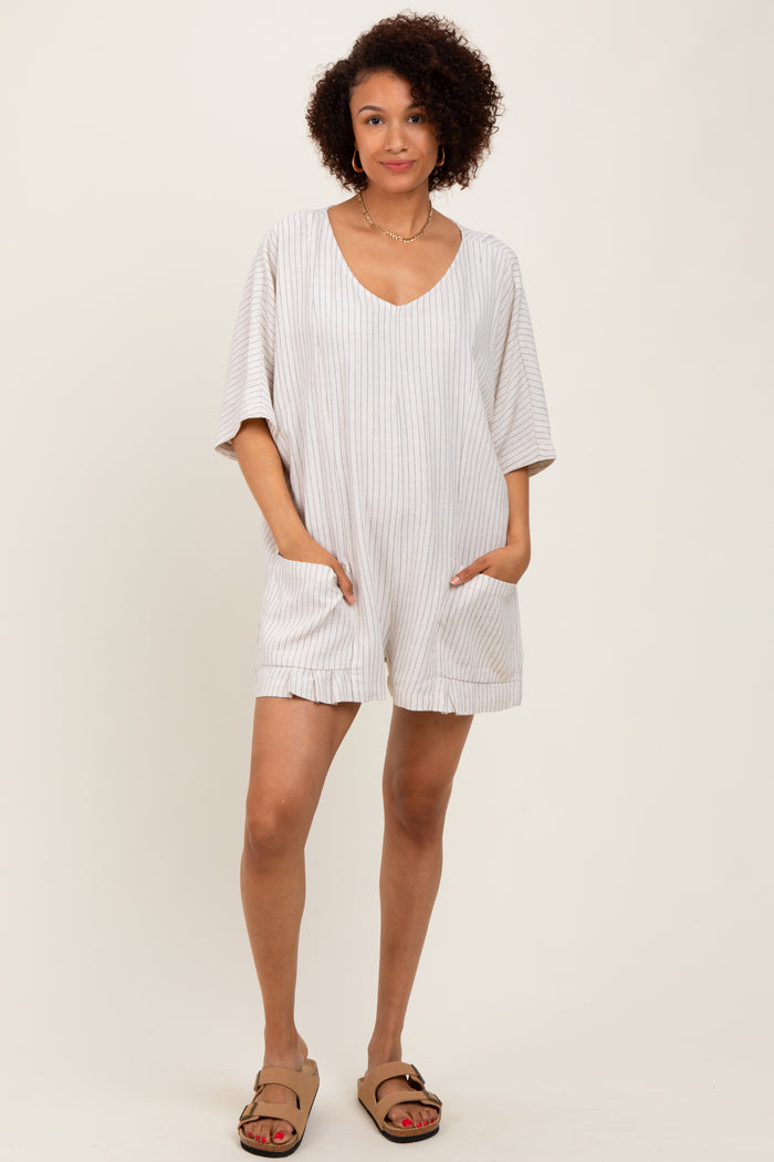 Beige Stripe Dolman Sleeve Linen Blend Romper
