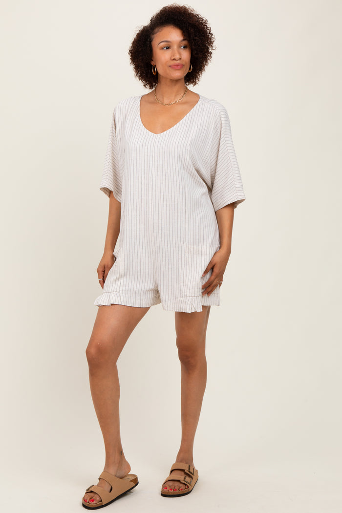 Beige Stripe Dolman Sleeve Linen Blend Romper