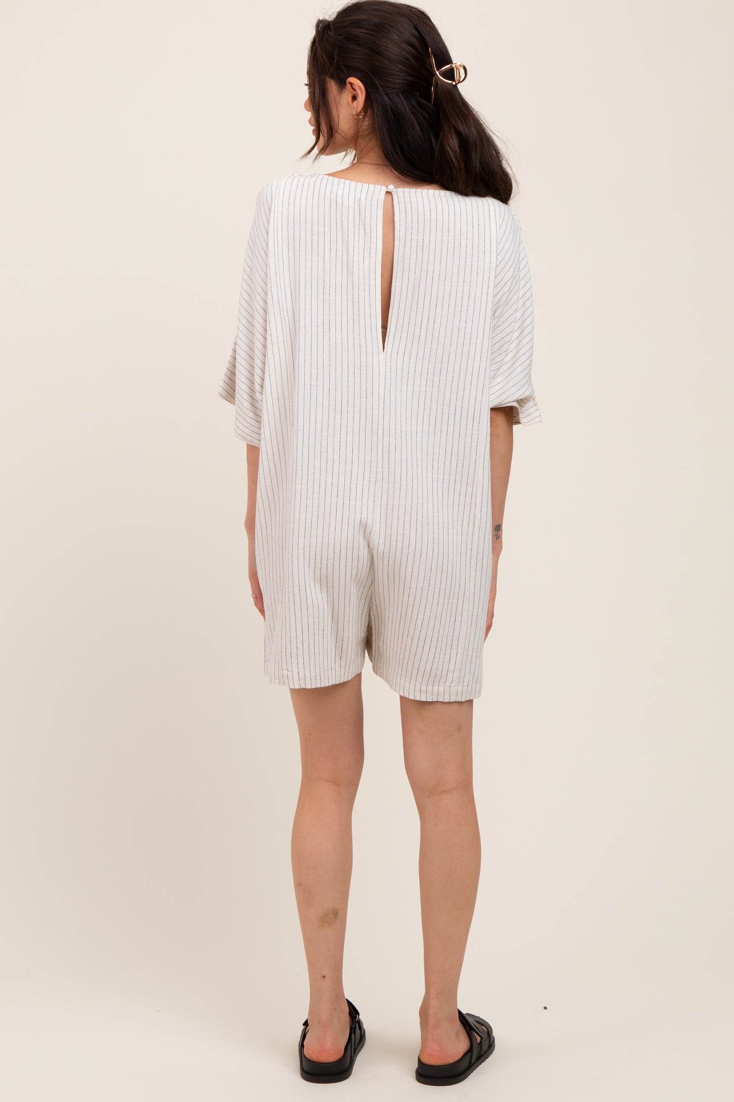 Beige Stripe Dolman Sleeve Linen Blend Maternity Romper