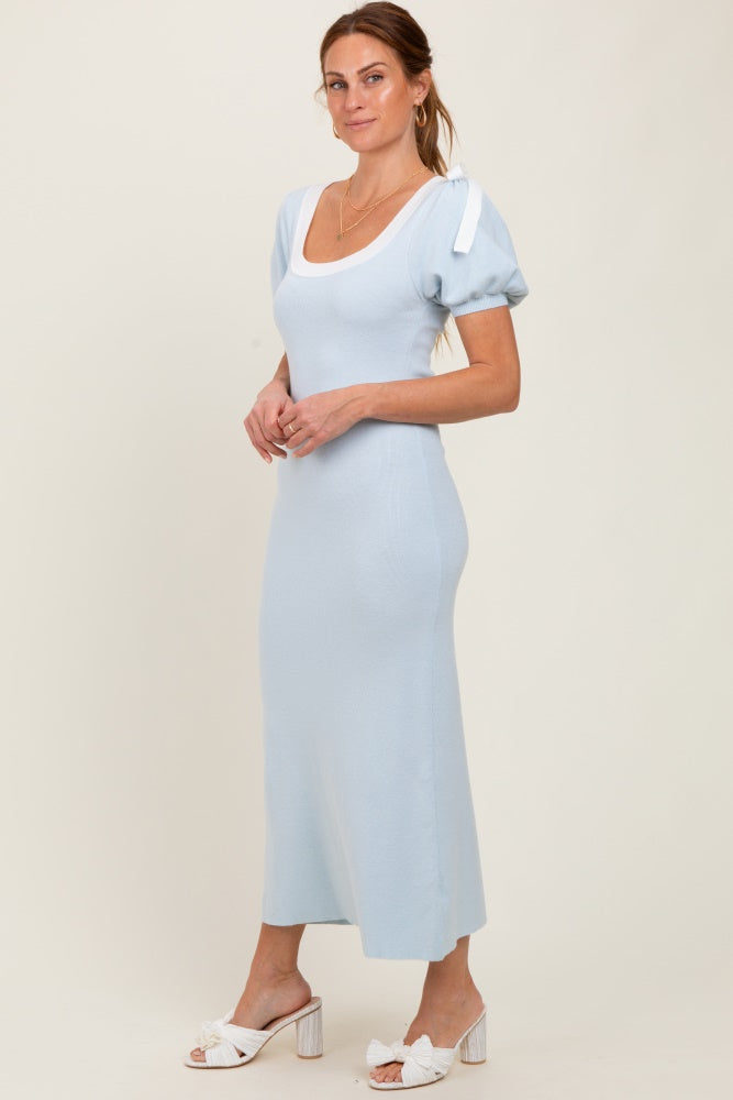Light Blue Shoulder Bow Puff Sleeve Sweater Dress