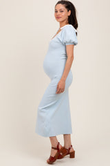 Light Blue Shoulder Bow Puff Sleeve Maternity Sweater Dress