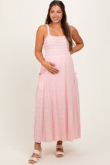 Light Pink Smocked Embroidered Bust Textured Maternity Midi Dress