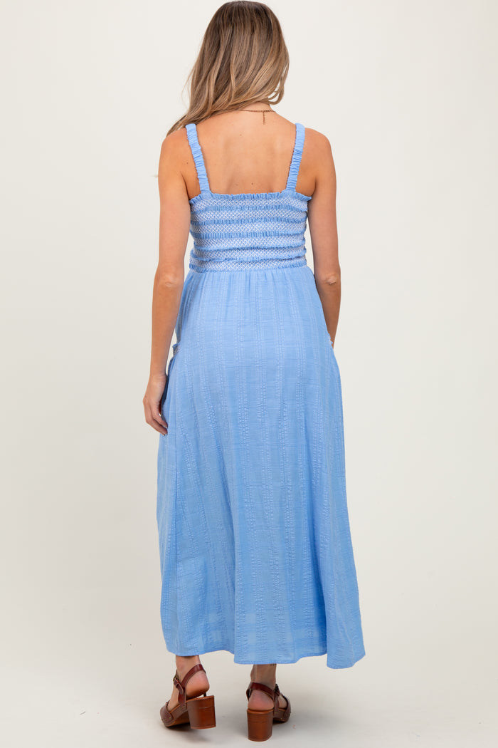 Blue Smocked Embroidered Bust Textured Maternity Midi Dress