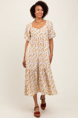Cream Floral Sweetheart Puff Sleeve Maternity Midi Dress