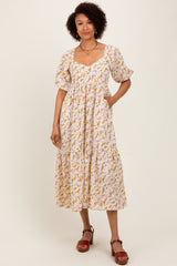 Cream Floral Sweetheart Puff Sleeve Midi Dress