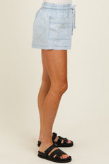 Light Blue Chambray Drawstring Front Pocket Shorts