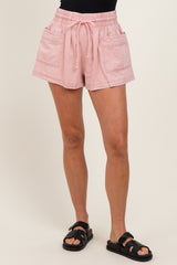 Light Pink Chambray Drawstring Front Pocket Shorts