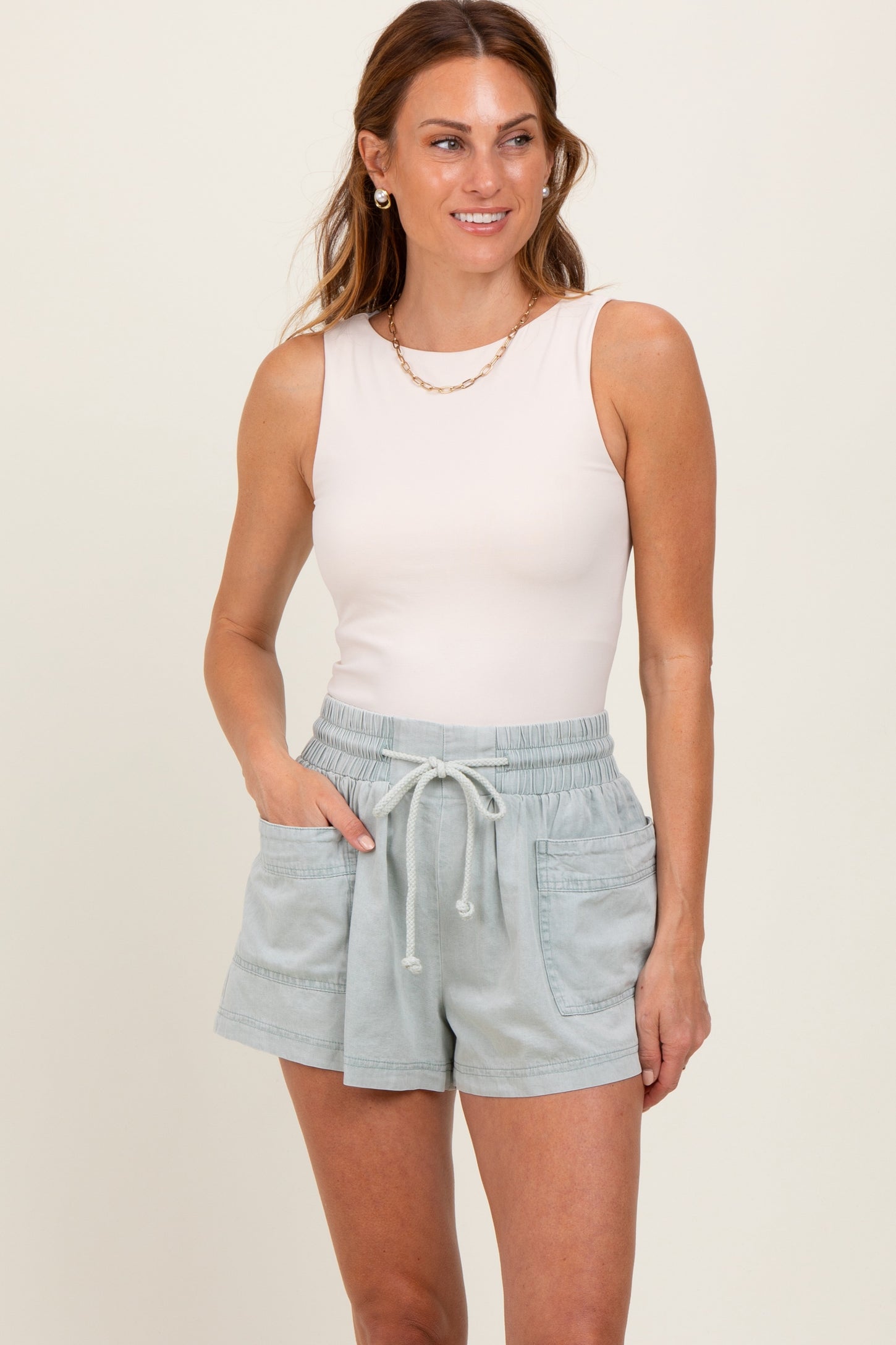 Mint Green Chambray Drawstring Front Pocket Maternity Shorts