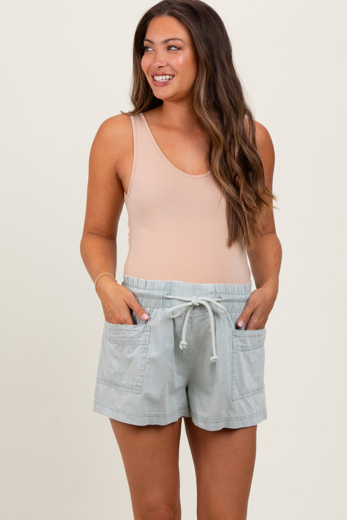 Mint Green Chambray Drawstring Front Pocket Maternity Shorts